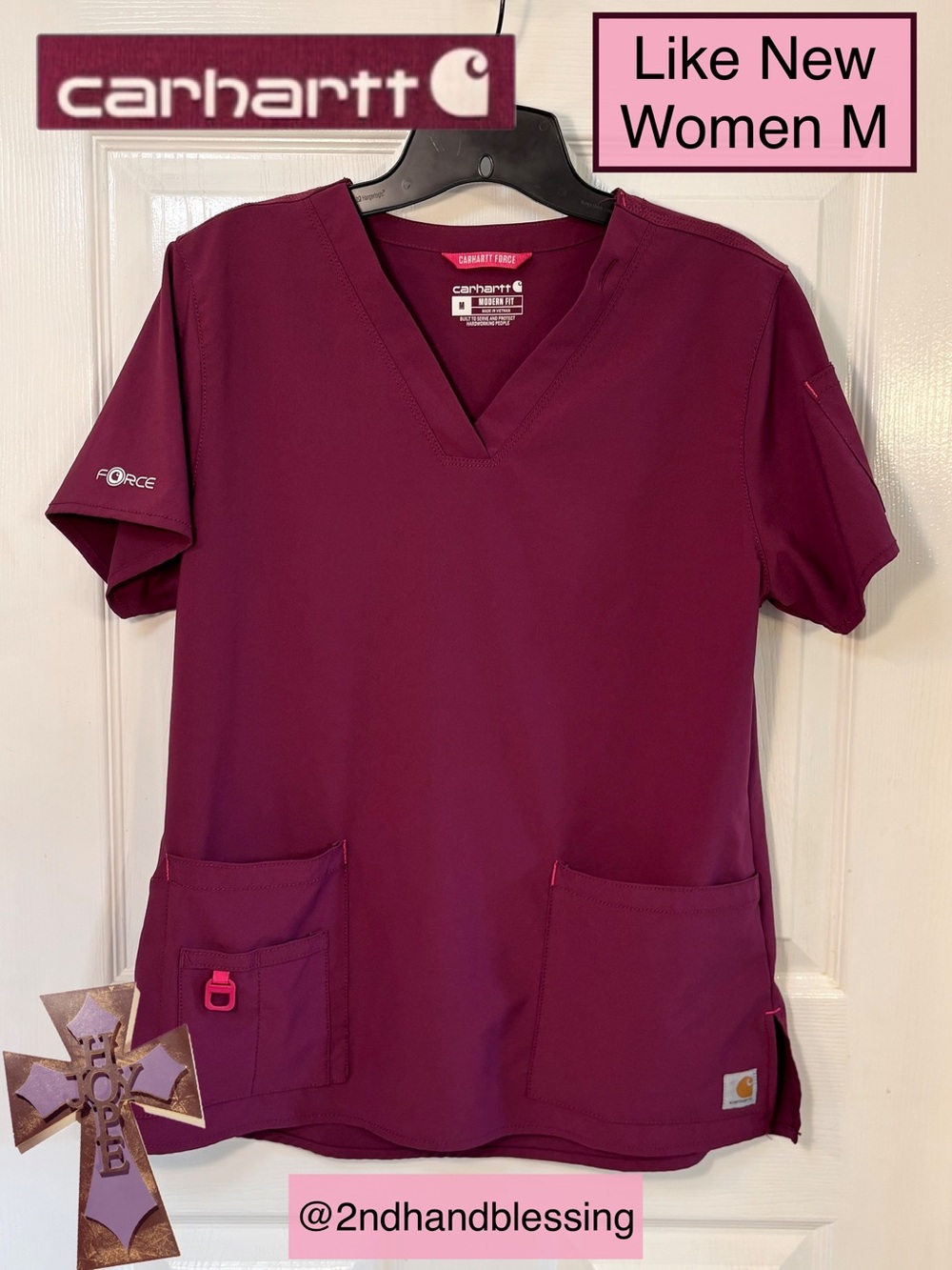 Like New Carhartt Force Modern Fit V‑Neck Scrub Top Women M, Wine Color C12110